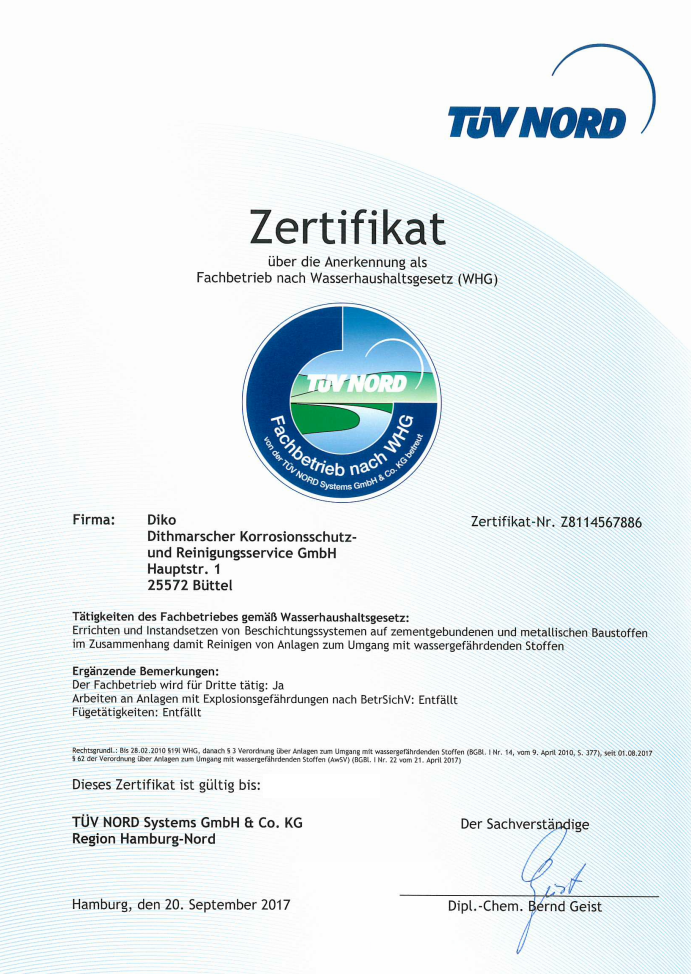 Diko-Service GmbH - Zertifikat Wasserhaushaltsgesetz